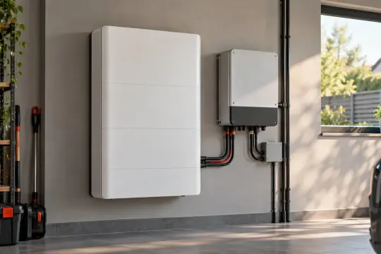 Domowy magazyn energii zamontowany na ścianie w garażu