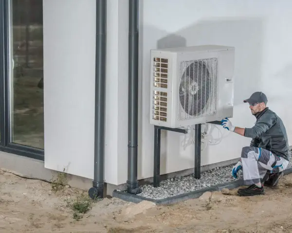 Instalator sprawdza pompę ciepła 3 fazową zamontowaną na ścianie budynku.