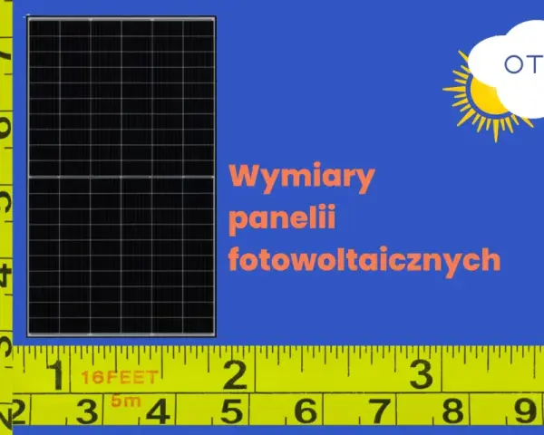 Miarka pokazuje wymiary paneli fotowoltaicznych.