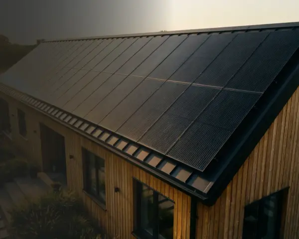Nowoczesny dom z drewnianą elewacją i panele fotowoltaiczne na dachu. To wizualizacja produkcji energii z fotowoltaiki w poszczególnych miesiącach.