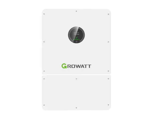 Falownik Growatt 4kW, białe urządzenie z zielonym logo Growatt i wyświetlaczem pokazującym moc 15.0 kW.