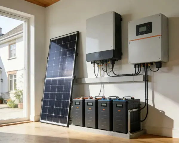 System magazynowania energii z panelem n type, trzema akumulatorami i dwoma inwerterami.