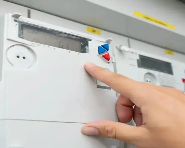 Dłoń naciska przycisk na liczniku energii elektrycznej, na wyświetlaczu widoczna jest taryfa G12n.