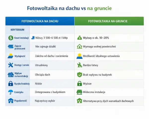Porównanie fotowoltaiki na dachu i na gruncie. Ubezpieczenie fotowoltaiki na gruncie może być wyższe, ale oferuje idealne ustawienie paneli.