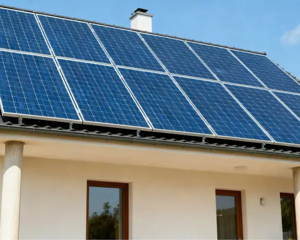 Panele fotowoltaiczne na dachu domu, zapewniające czystą energię. To przyszłość, czyli fotowoltaika hybrydowa.