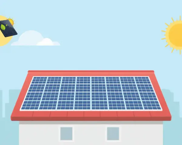Dach z panelami fotowoltaicznymi, symbolizujący rozwój zielonej energii w Polsce. Słońce świeci, napędzając ekologiczne rozwiązania.