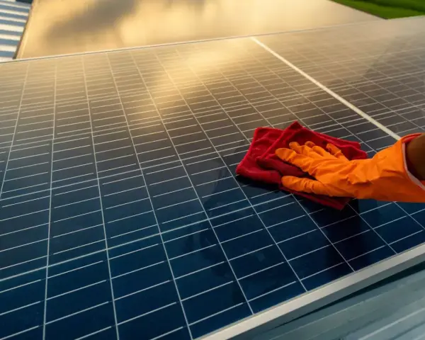 Ręka w pomarańczowej rękawiczce czyści panele fotowoltaiczne czerwoną ściereczką. Czyste panele to lepsza energia.