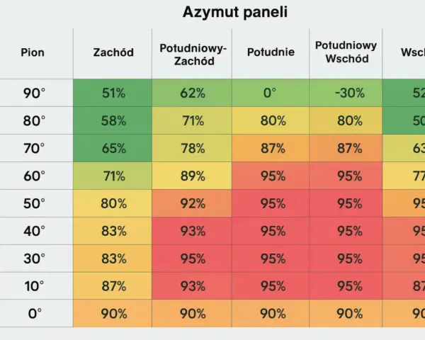 Tabela pokazuje optymalny azymut paneli fotowoltaicznych dla różnych kątów pochylenia, aby uzyskać maksymalną wydajność.
