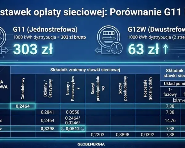 Porównanie taryf G11 i G12w dla fotowoltaiki: G11 kosztuje 303 zł, G12w 63 zł za 1000 kWh. Tabela pokazuje stawki sieciowe.