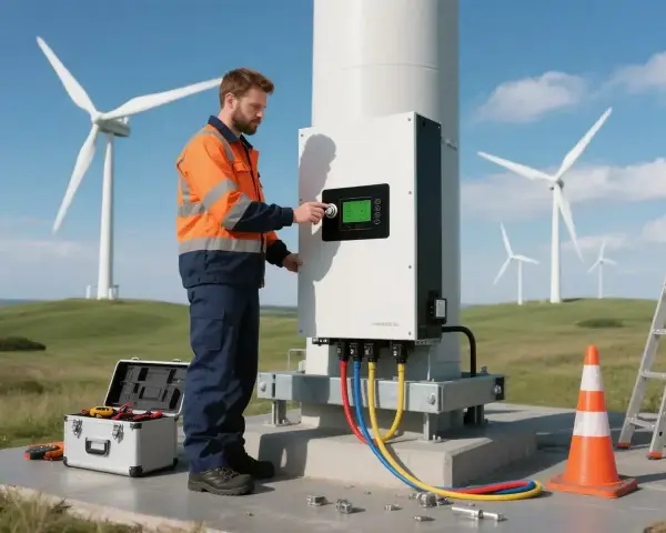Technik reguluje falownik hybrydowy 8 kW przy turbinie wiatrowej. Narzędzia i drabina w pobliżu.