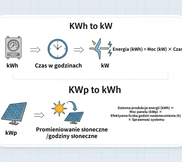 Wyjaśnienie, kwh co to: energia (kWh) = moc (kW) × czas (h). Obok schemat paneli słonecznych i słońca.