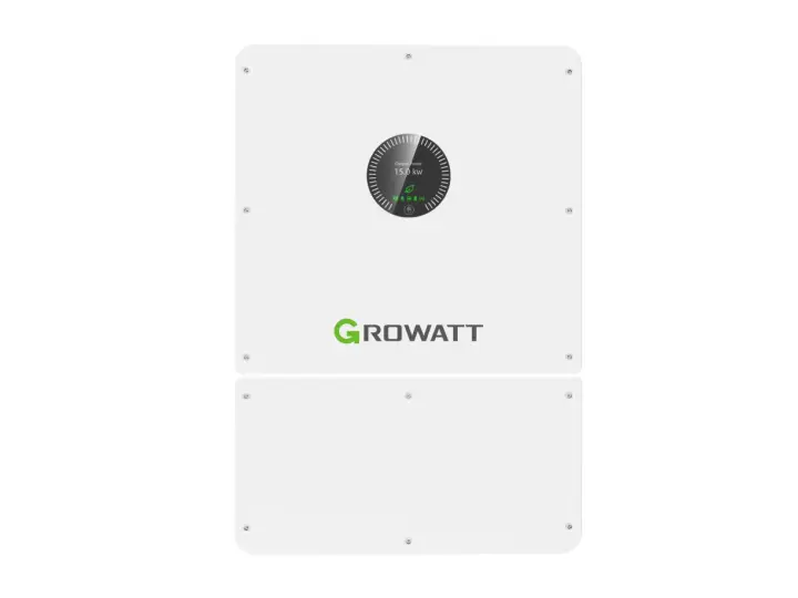 Falownik Growatt 4kW, białe urządzenie z zielonym logo Growatt i wyświetlaczem pokazującym moc 15.0 kW.