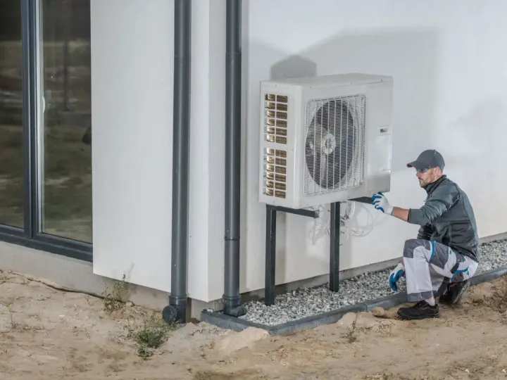 Technik wykonuje protokół uruchomienia pompy ciepła, sprawdzając instalację przy ścianie budynku.