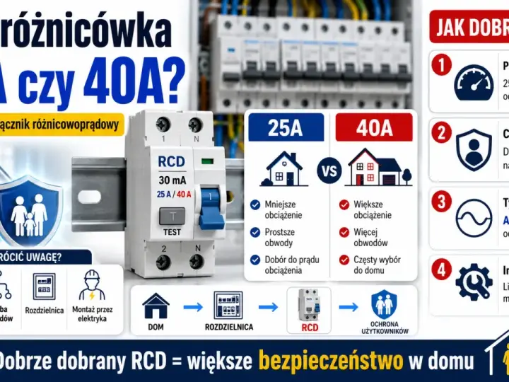 Porównanie wyłączników różnicowoprądowych 25A i 40A. Wybór odpowiedniego RCD do pompy ciepła zależy od obciążenia i liczby obwodów.
