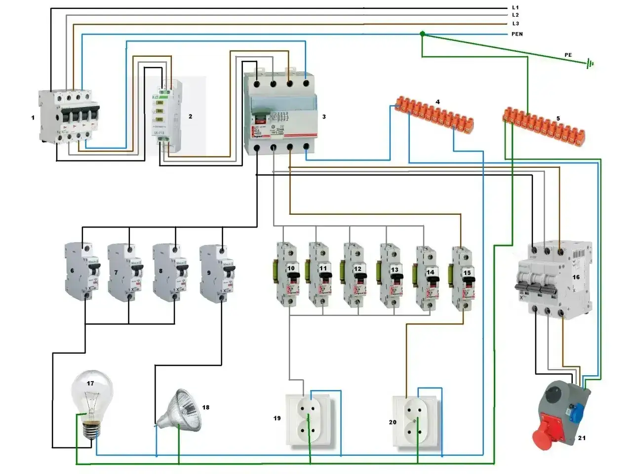 Schemat instalacji elektrycznej z wyłącznikami i gniazdkami. Rozważenie, czy pompa ciepła 230v czy 400v, wymaga analizy tego układu.