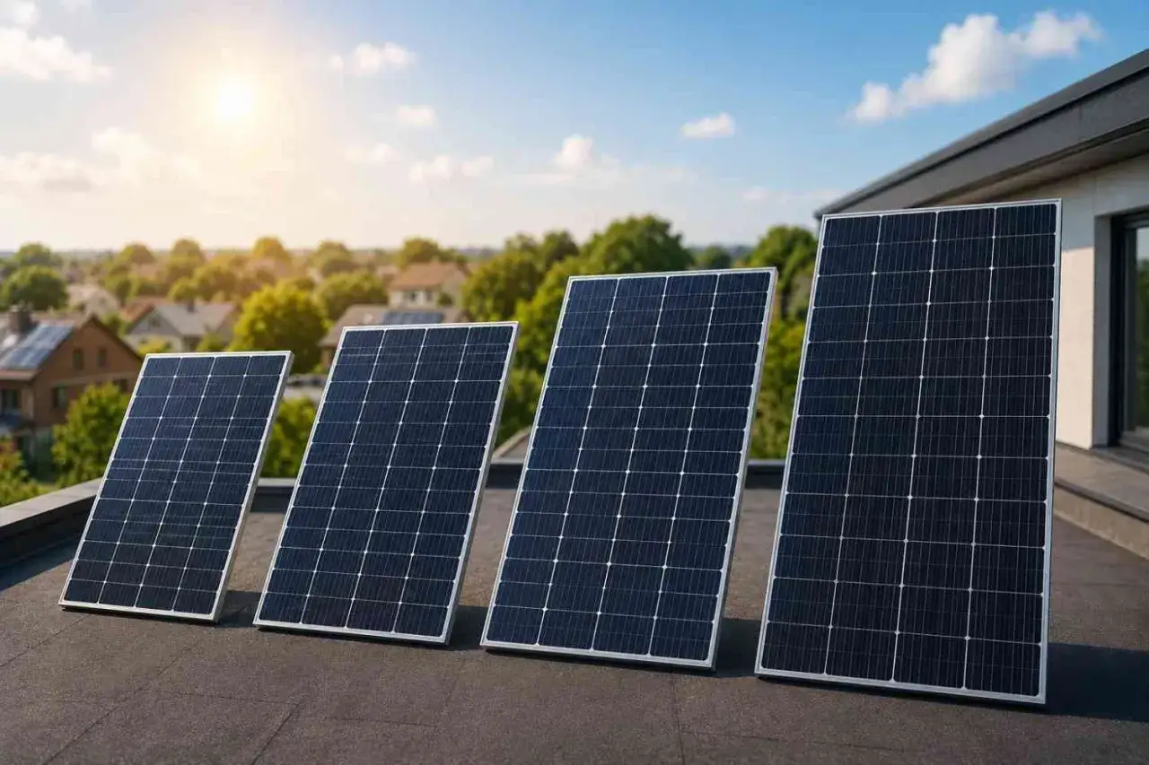 Cztery panele fotowoltaiczne na dachu, gotowe do produkcji energii. Zastanawiasz się, ile kw mocy może wygenerować jeden panel?