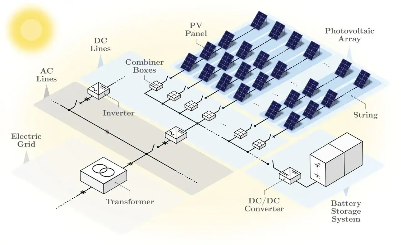 Schemat farmy fotowoltaicznej: panele PV, falownik, skrzynki połączeniowe, magazyn energii i przyłącze do sieci elektrycznej.