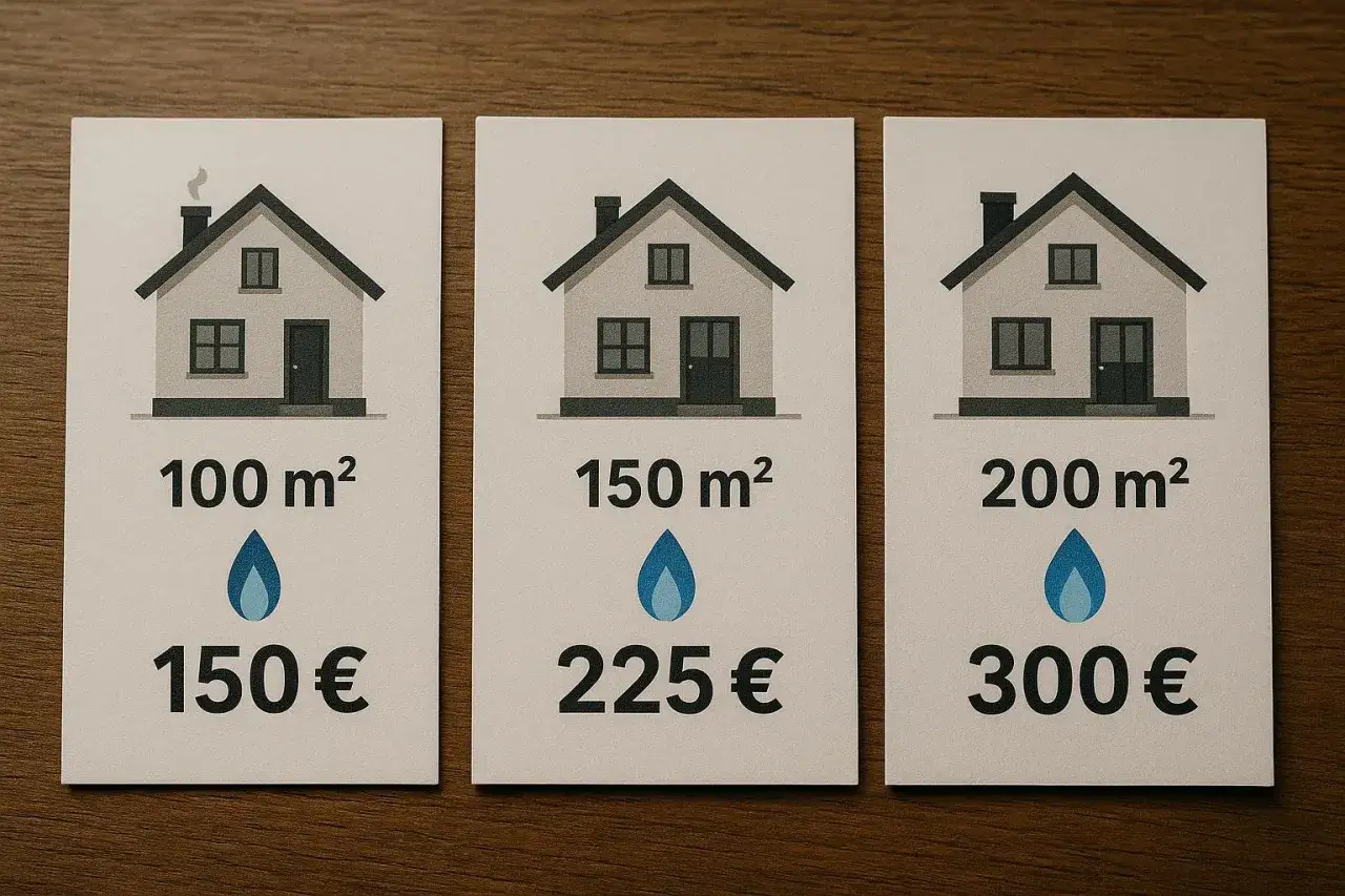 Koszty ogrzewania w Polsce rosną. Trzy domy o różnej powierzchni (100, 150, 200 m²) i odpowiadające im ceny (150, 225, 300 €) sugerują wzrost kosztów, co może być związane z zakazem ogrzewania gazem.