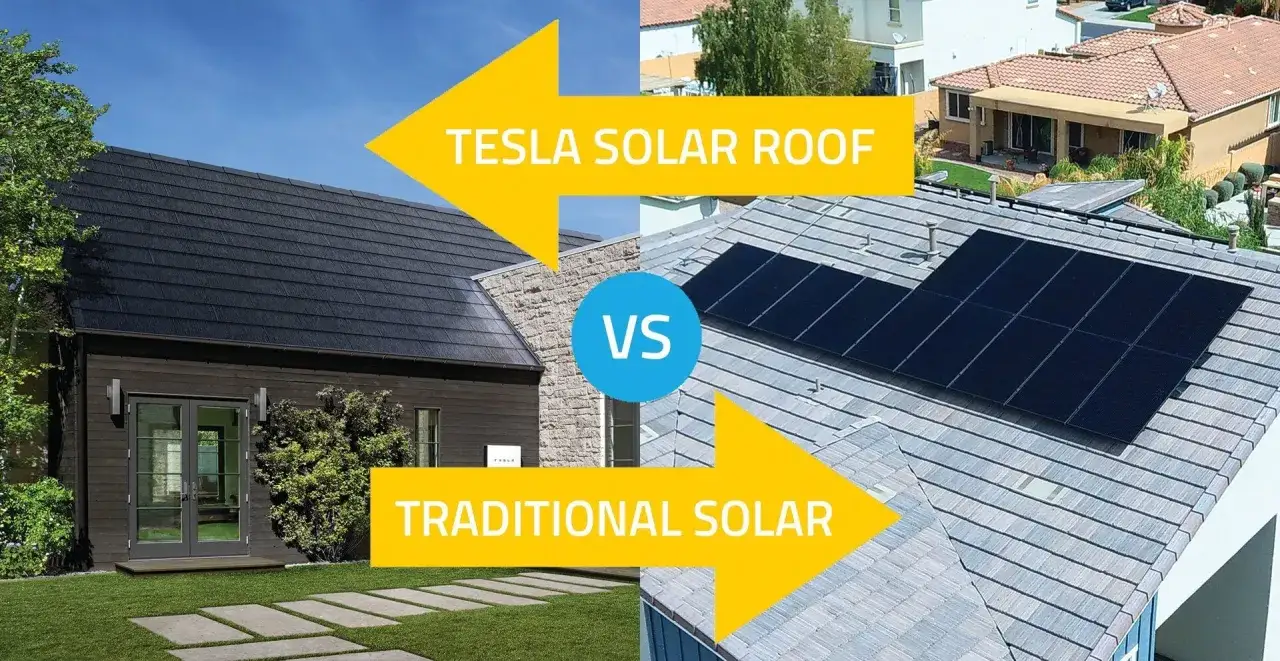 Porównanie rodzajów paneli fotowoltaicznych: dach Tesla Solar Roof kontra tradycyjne panele słoneczne na dachu.