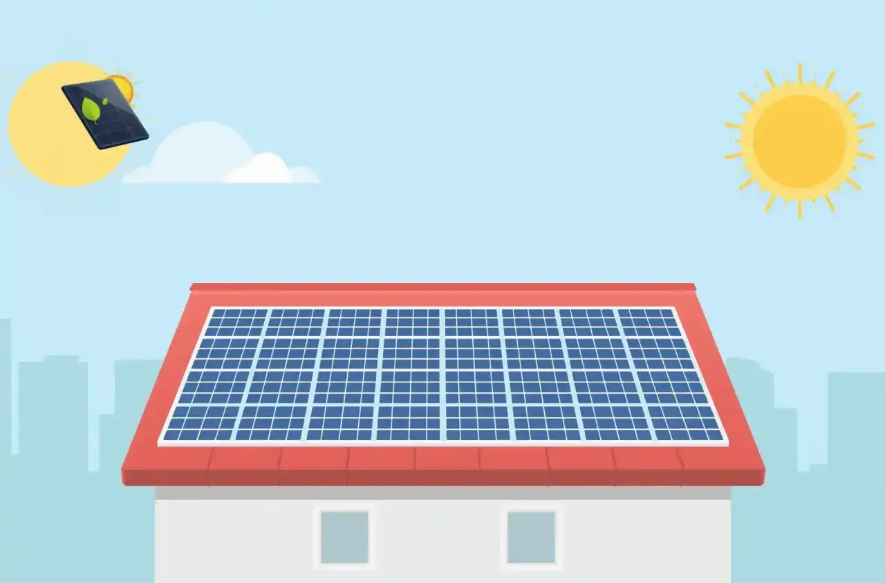 Dach z panelami fotowoltaicznymi, symbolizującymi rozwój zielonej energii w Polsce. Słońce świeci, napędzając ekologiczne rozwiązania.