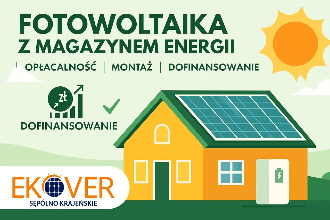 Fotowoltaika z magazynem energii: opłacalność, montaż, dofinansowanie. Dom z panelami słonecznymi i magazynem energii.