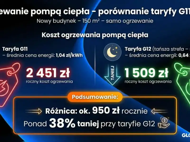 Porównanie kosztów ogrzewania pompą ciepła: taryfa G11 (2451 zł/rok) vs G12 (1509 zł/rok). Taryfa G12 jest o 38% tańsza.