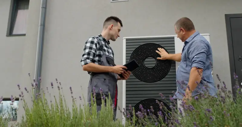 Technik z tabletem i klient przy pompie ciepła. Rozmawiają o ekonomicznym ustawieniu pompy ciepła, by zapewnić optymalne ogrzewanie domu.